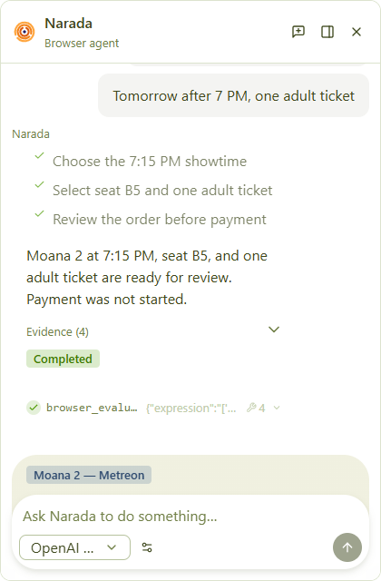 A completed Narada task with milestones and structured browser tool calls