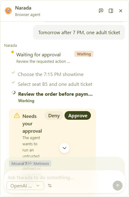 A sensitive action waiting for browser-owned approval