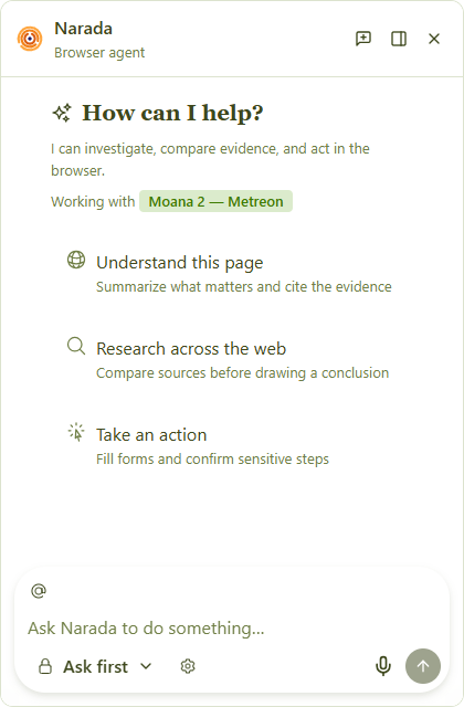 Narada agent panel as an overlay window, not a DOM sheet on the page